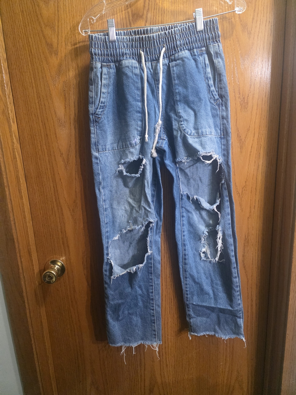 Women's Blue Distressed Drawstring Jeans